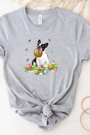 Boston Terrier Bunny Dog With Easter Eggs Basket Butterflies T-Shirt