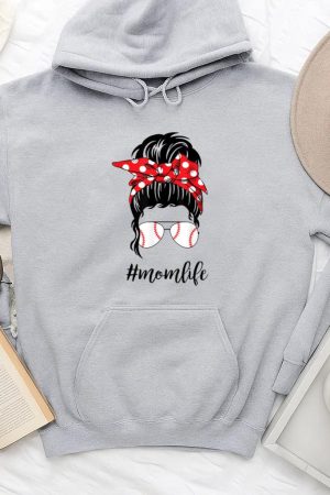 Mom Life Softball Baseball Mothers Messy Bun Hoodie