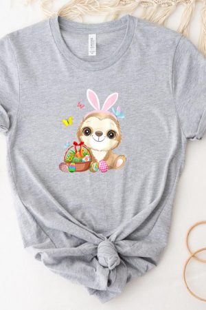 Sloth Bunny Ear With Eggs Basket Easter T-Shirt